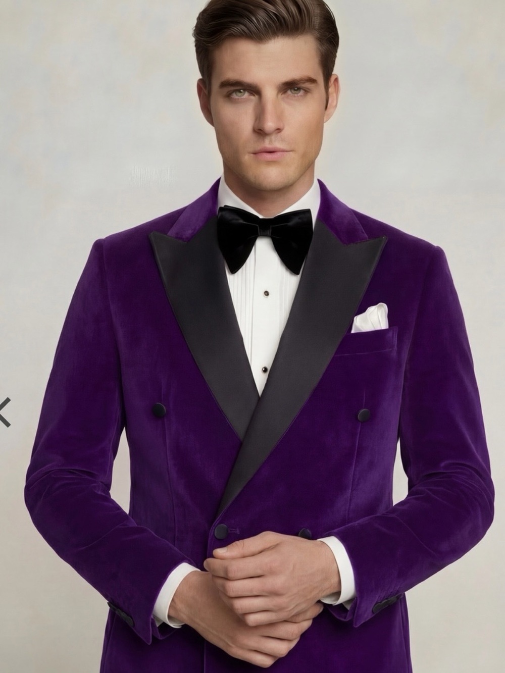 Men's Purple Velvet Double-Breasted Tuxedo Blazer with Black Satin Peak Lapel